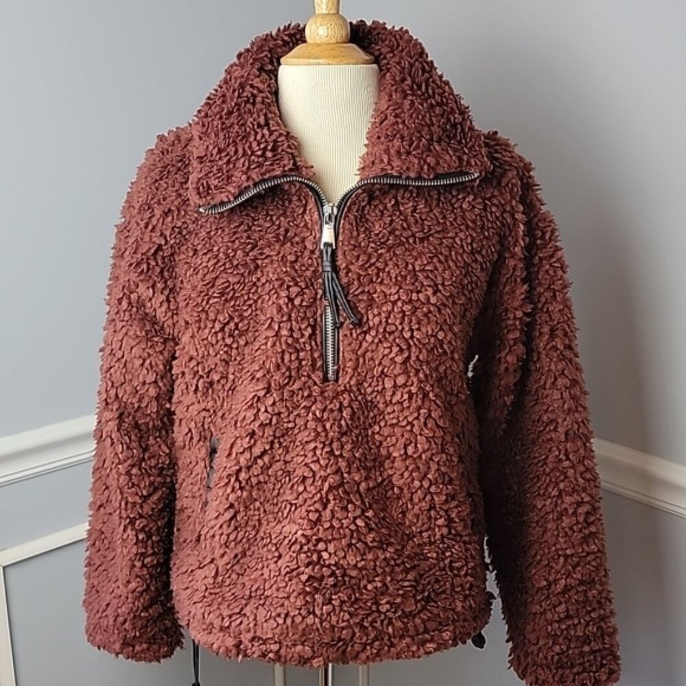 ABERCROMBIE FITCH Rust Sherpa 1/2 Zip Adjustable Waist Pop‎ Over Teddy Jacket XS